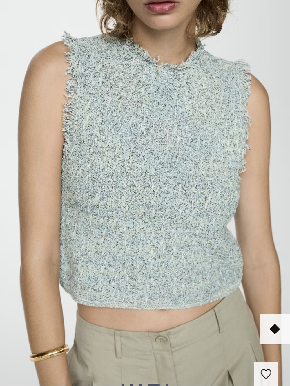 MNG Mango Light Aqua Bouclรฉ Frayed Sleeveless Tweed Crop Top Size Medium